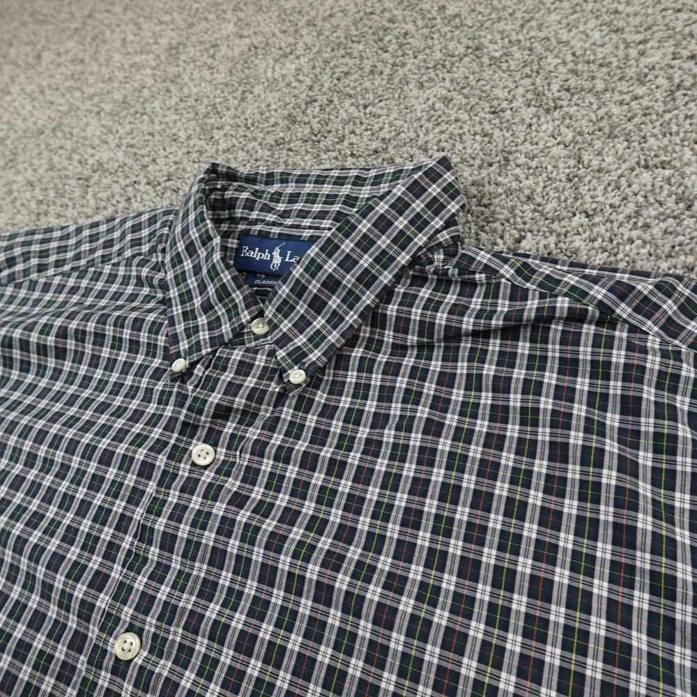 VTG Ralph Lauren Shirt Mens 18 2XL Green Plaid Pony Long Sleeve Button Up Preppy